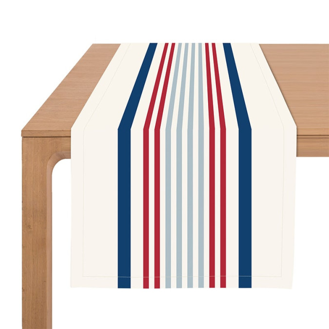 chemin de table en coton anti tache à rayures tricolores rouge bleu blanc écru