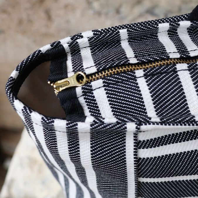 Large black and white striped bag with cotton straps
