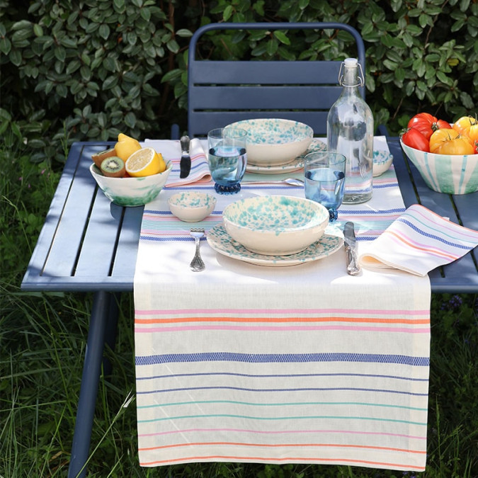 chemin de table à rayures pastel multicolor en lin et coton