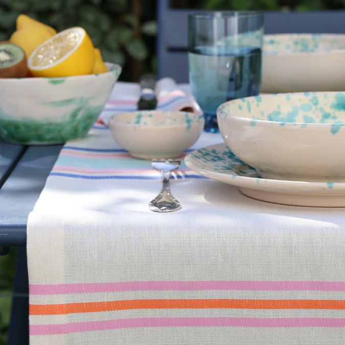 orange blue pink table runner with basque stripes