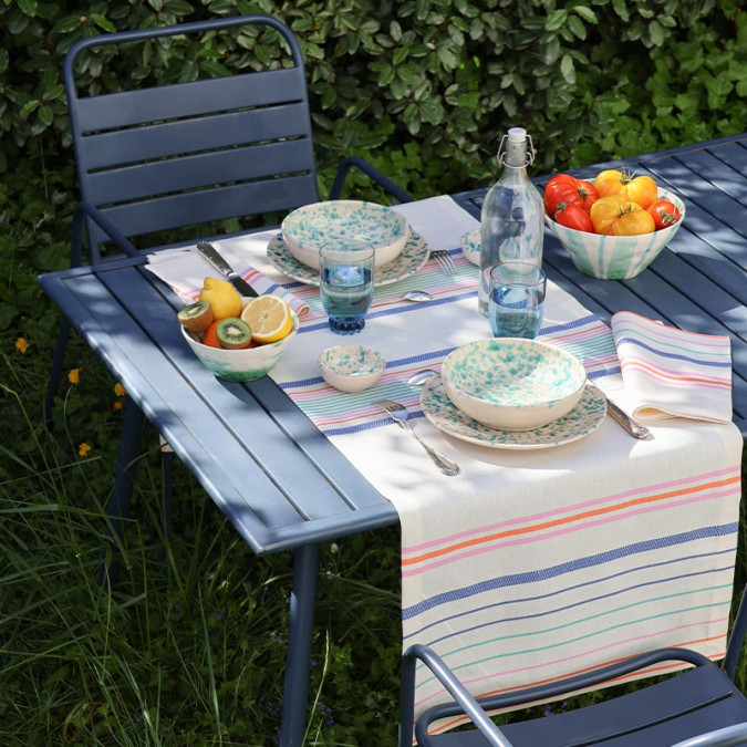 chemin de table en lin et coton haut de gamme à rayures multicolor pastel