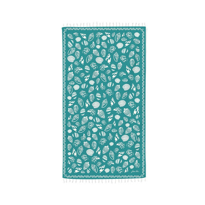 Fouta en coton bleu vert motif coquillages