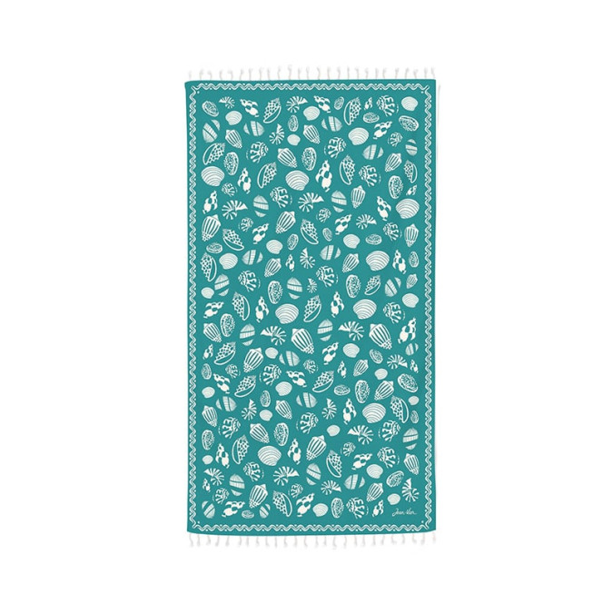 Fouta de algodón azul verdoso con motivo de conchas marinas