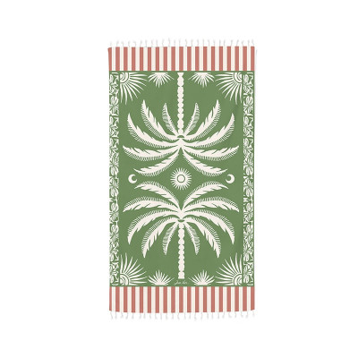Fouta motif palmiers vert rouge et blanc à franges