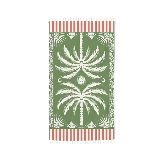 Fouta motif palmiers vert rouge et blanc à franges