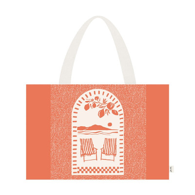 Bolsa de playa naranja con tumbona y motivos playeros estilo riviera