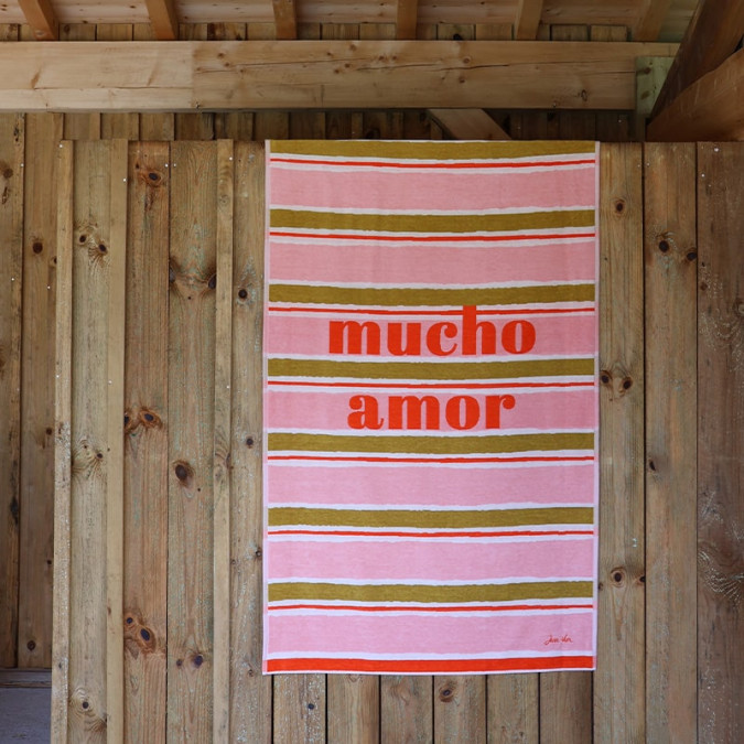 Cotton beach towel with trendy red, green and pink inscription motif
