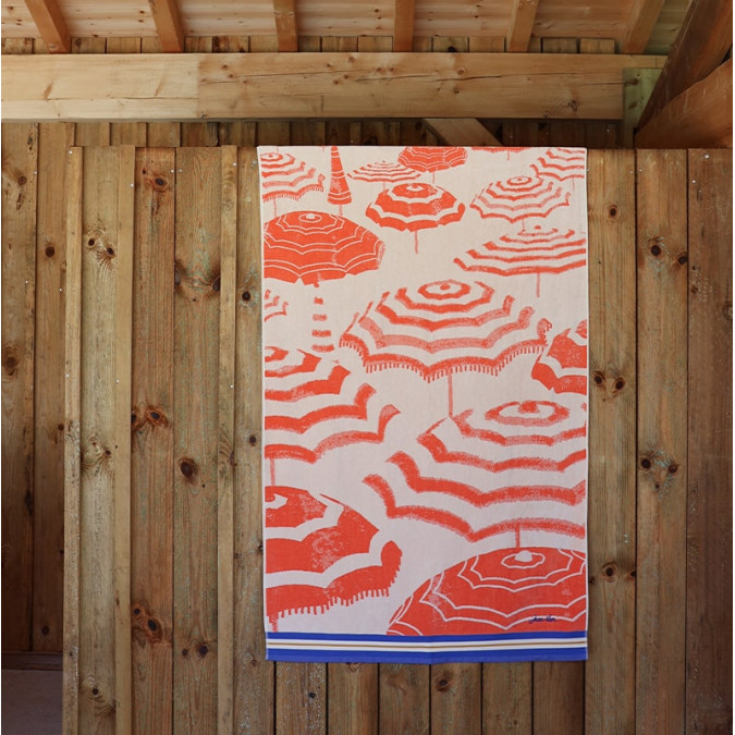 Drap de plage en coton à motif parasol rayé orange, rose, bleu