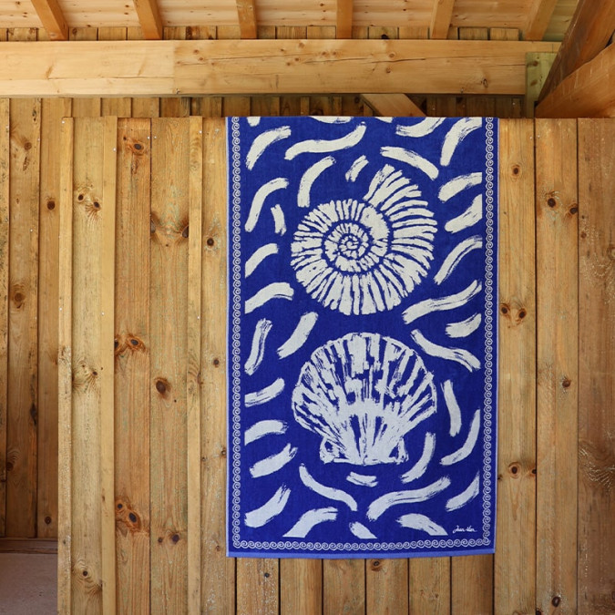Drap de plage à motif aquarelle coquillage bleu et blanc