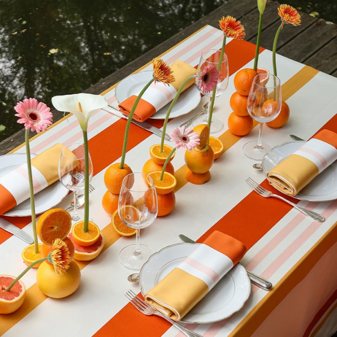 Mantel de algodón naranja y beige hidrófugo, antimanchas