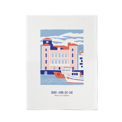 100% cotton hand towels with blue and pink saint jean de luz harbour design