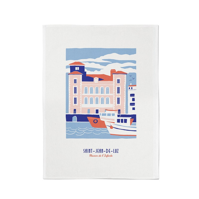 100% cotton hand towels with blue and pink saint jean de luz harbour design