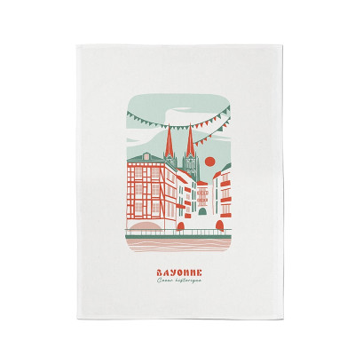 essuie-mains en coton à illustration Bayonne rouge et vert