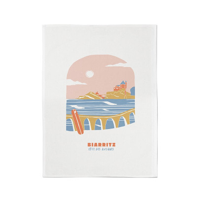Essuie-main à illustration côte des basques Biarritz rose et bleu