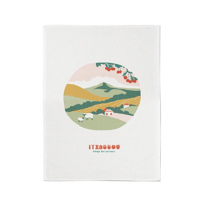 Essuie-main 100% coton absorbant à illustration paysage pays basque Itxassou vert et rouge