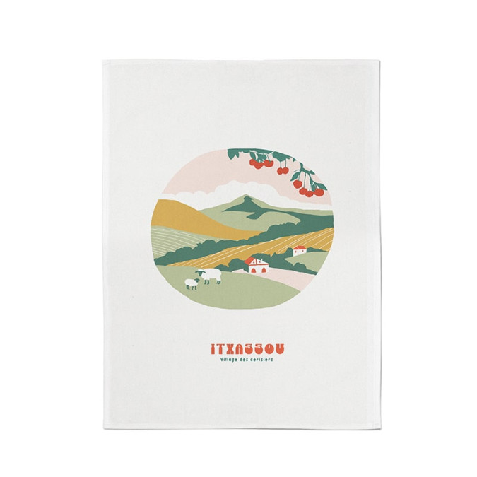 Essuie-main 100% coton absorbant à illustration paysage pays basque Itxassou vert et rouge