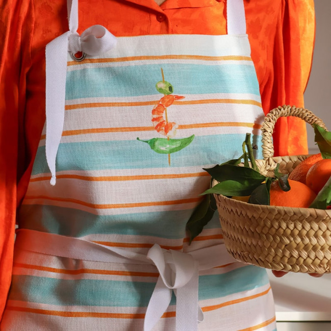 Tablier de cuisine bleu et orange à motif tapas basques