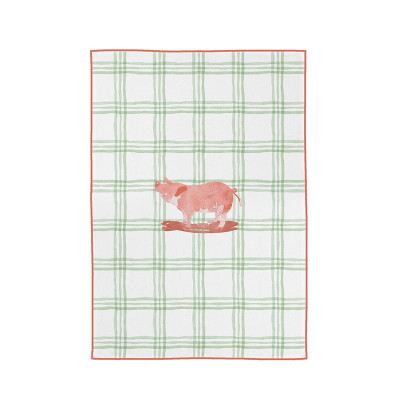 torchon en coton à carreau vert et rouge à illustration cochon basque rose