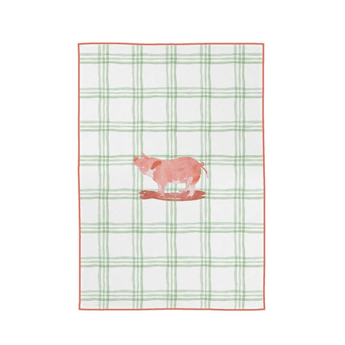 torchon en coton à carreau vert et rouge à illustration cochon basque rose