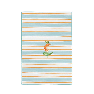 paño de cocina a rayas azules y naranjas con ilustración de tapas vascas