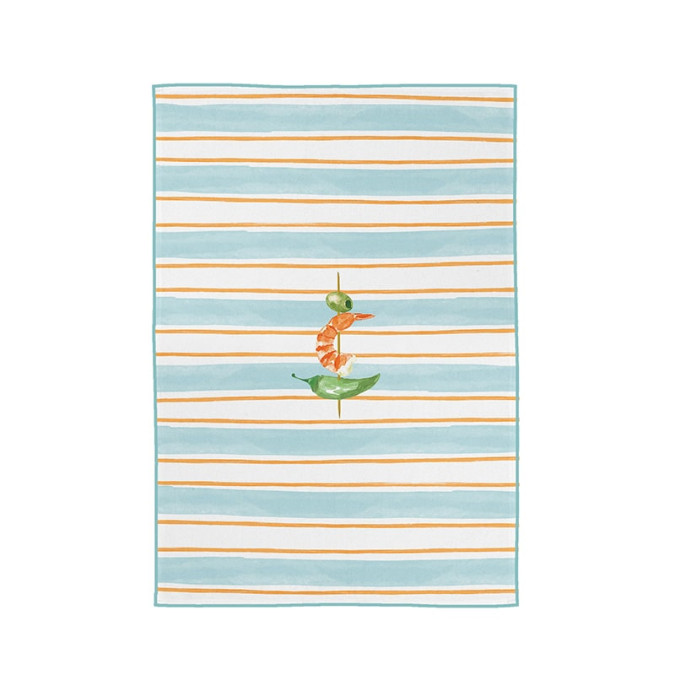 blue and orange striped tea towel with Basque tapas illustration