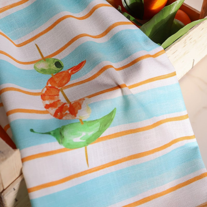 Torchon en coton rayé bleu et orange avec motif basque pintxo