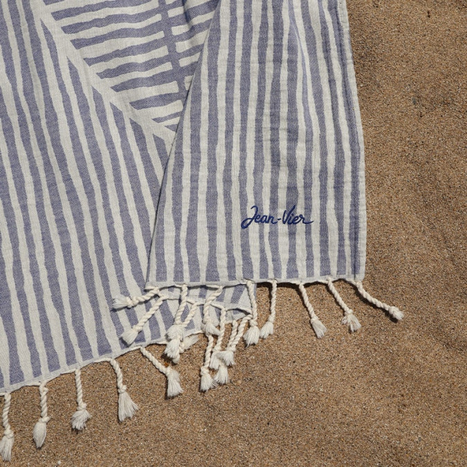 fouta à rayures bleu et blanc avec franges bohème 100% coton