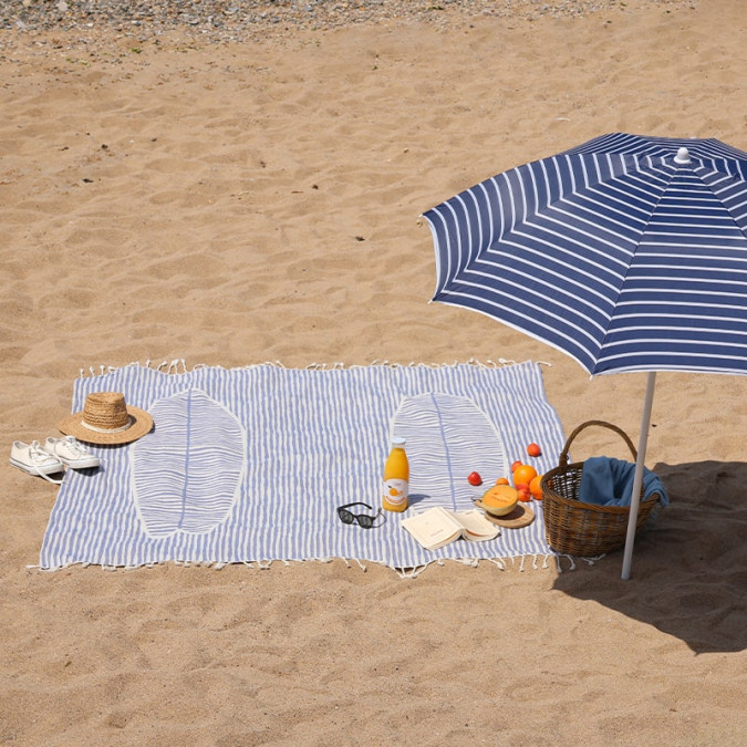 Fouta de plage double place 100% coton illustration surf bleu et blanc