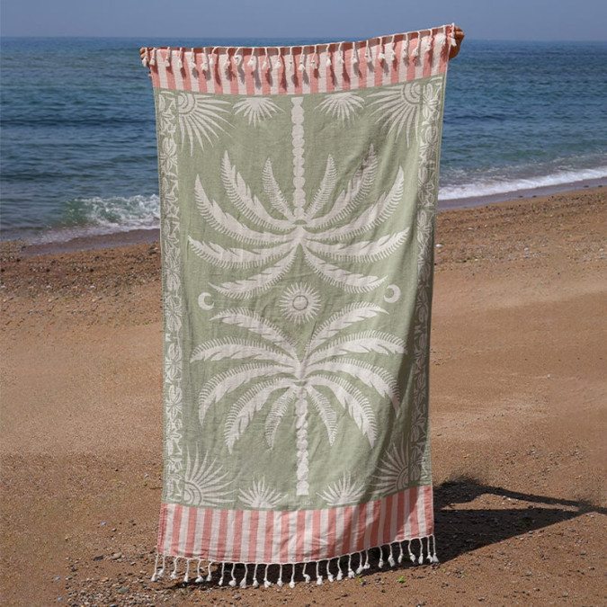Fouta de plage en coton de haute qualité vert et rouge à franges bohèmes