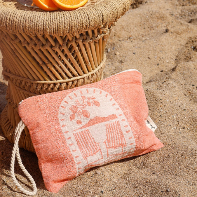 pochette de plage à fermeture éclair de couleur orange à illustration italie
