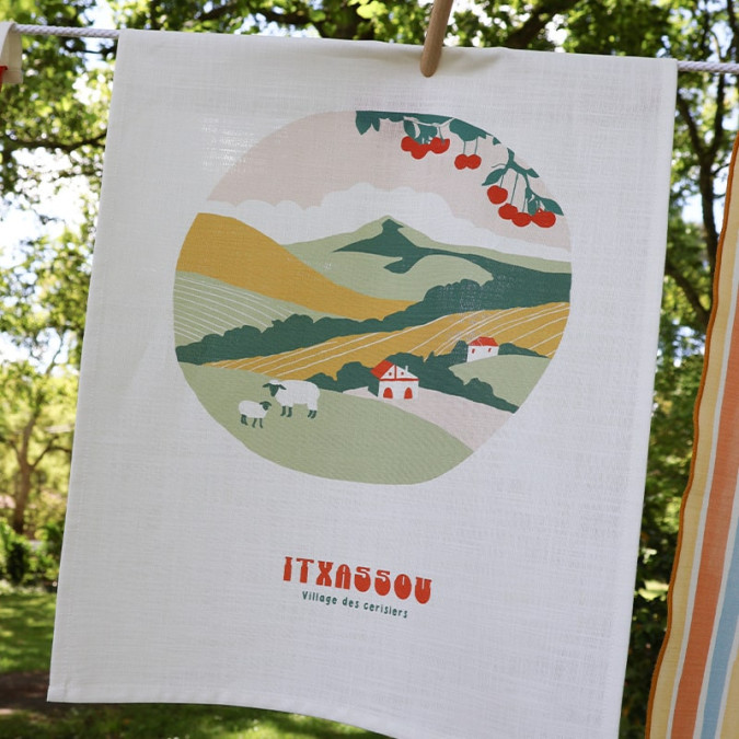 Essuie-mains de cuisine en coton illustration Itxassou vert et rouge campagne