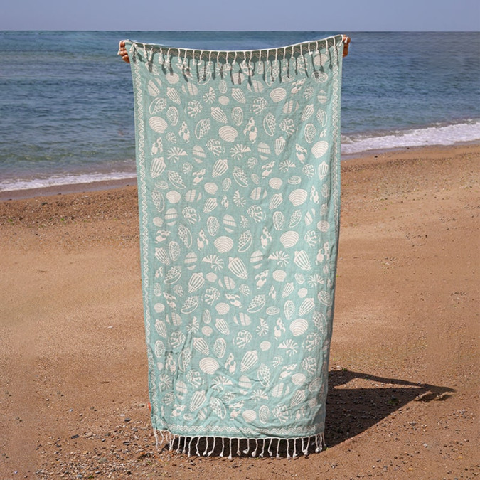 Fouta Rivage Spiruline 100% coton aux motifs coquillages