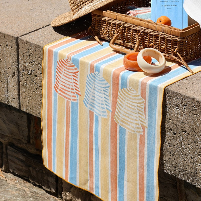 torchon de cuisine motif tentes de biarritz à rayures jaune, bleu et orange