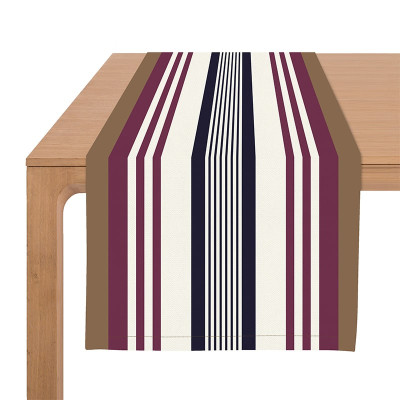 Chemin de table à rayures marron, violet bordeaux, bleu en 100% coton anti tache
