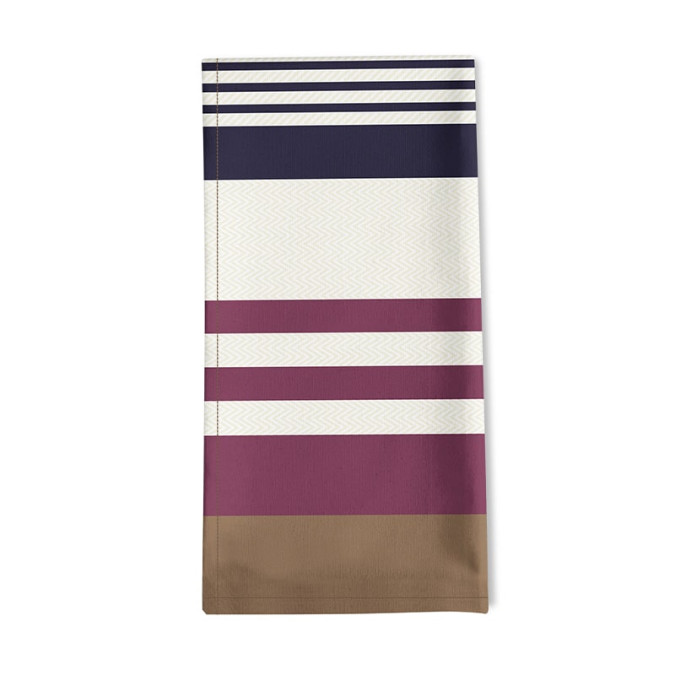 Serviette de table à rayures marrons, violet, bleu pour décoration contemporaine et tendance
