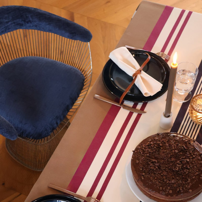 Fabric by the metre for custom-made tablecloths in brown, purple, beige, navy blue