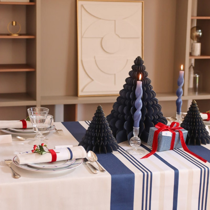 Mantel navideño a rayas azules y blancas, 100 % algodón antimanchas.