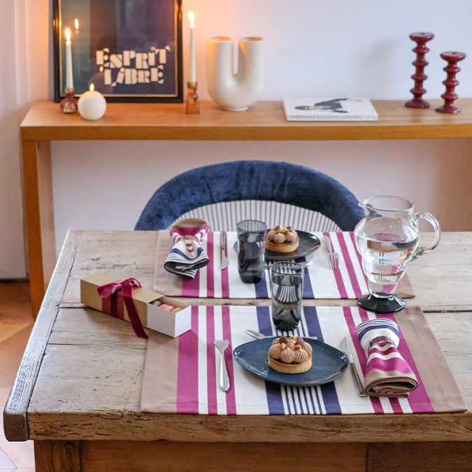 Biarritz Leather Placemat in plum and chestnut brown cotton