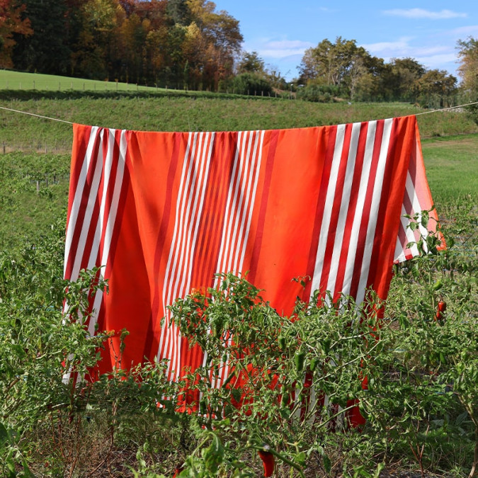 fabric by the metre for custom-made tablecloth, red with white stripes, Basque style