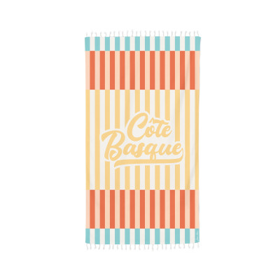 Fouta à rayures rouge, bleu, jaune inscription Côte Basque