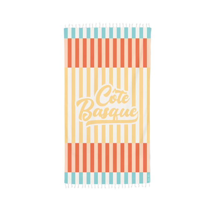 Fouta à rayures rouge, bleu, jaune inscription Côte Basque