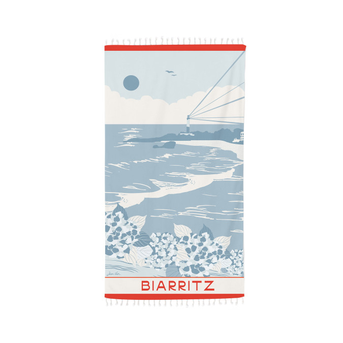 Fouta de algodón con paisaje de Biarritz azul y rojo