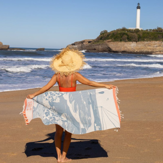 Biarritz landscape fouta, 100% cotton, red and blue