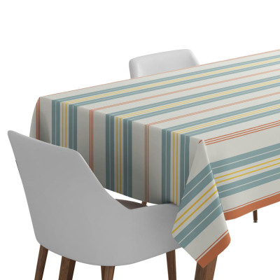 Coated tablecloth with Basque stripes in pastel shades of yellow, orange and blue