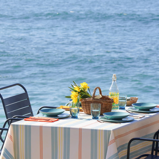 Coated tablecloth with basque stripes for  Easter lunch