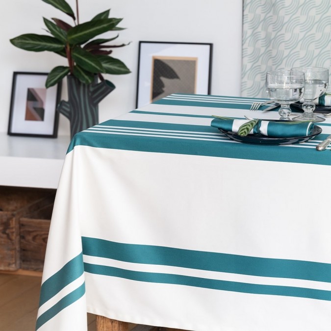 Tablecloth in Pamplona stripes and Pine Green