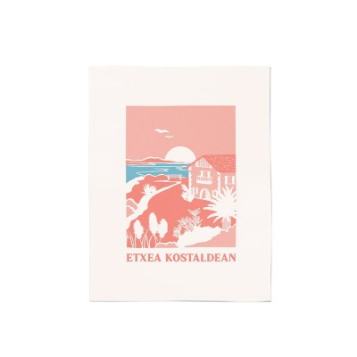 Essuie-mains couleur corail avec illustration paysage