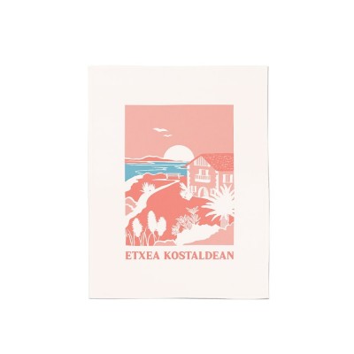 Coral coloured hand towels with landscape illustration