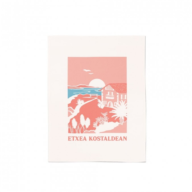 Coral coloured hand towels with landscape illustration