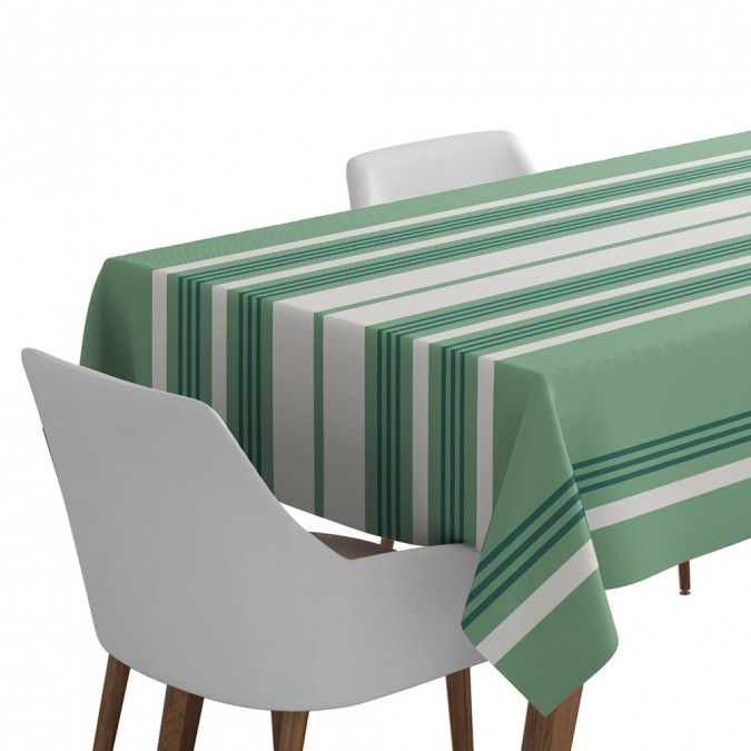 Green and white coated tablecloth with stripes